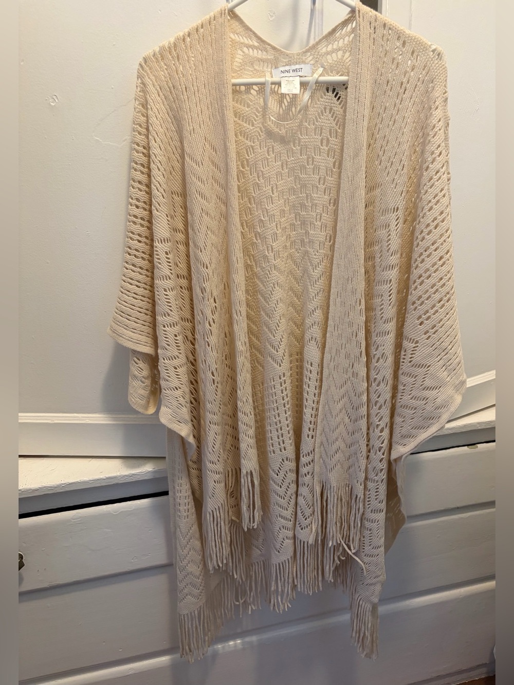 Nine West Cream Open-Knit Fringe Sweater Wrap/Kimono